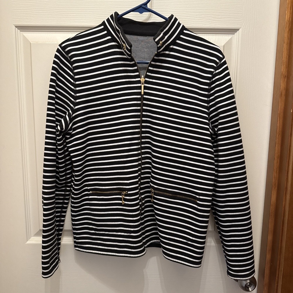 Lauren Ralph Lauren Women Size M Black White Striped Reversible Jacket Full Zip